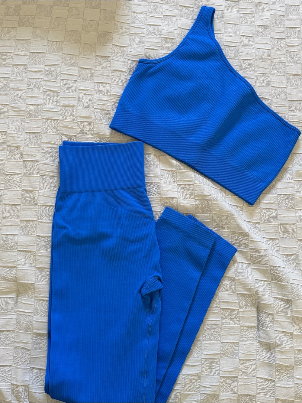 OQQ Women’s High-Waist Ribbed Leggings & Sports Bra Set - Bright Blue